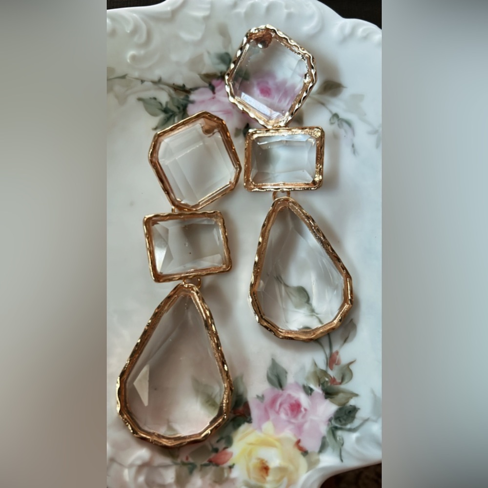 ZARA Clear Crystal Drop Earrings with Gold Trim